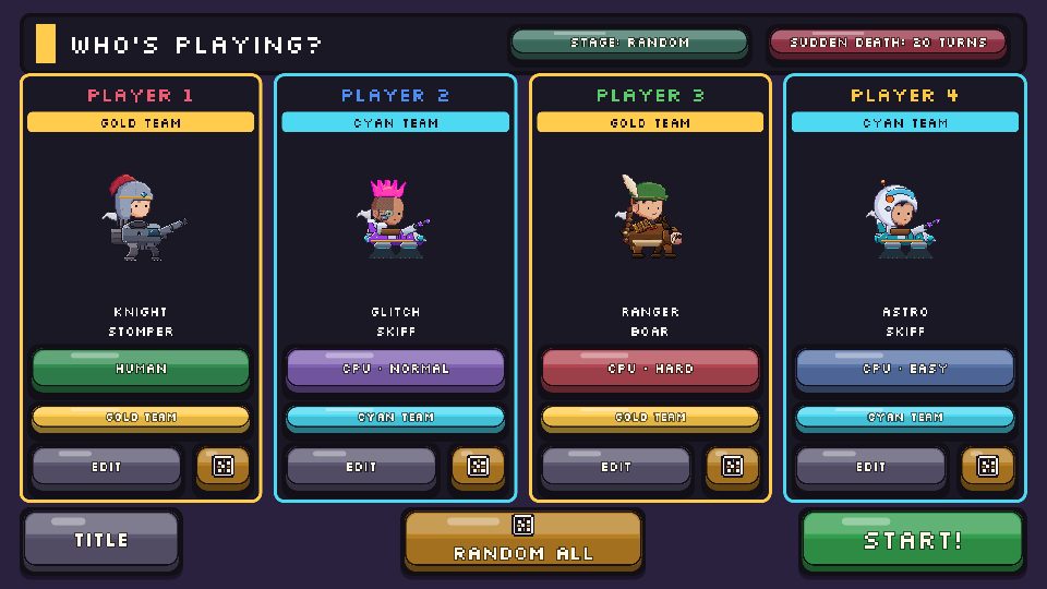 The setup lobby: four seats, each human or CPU, with live previews of the drivers
