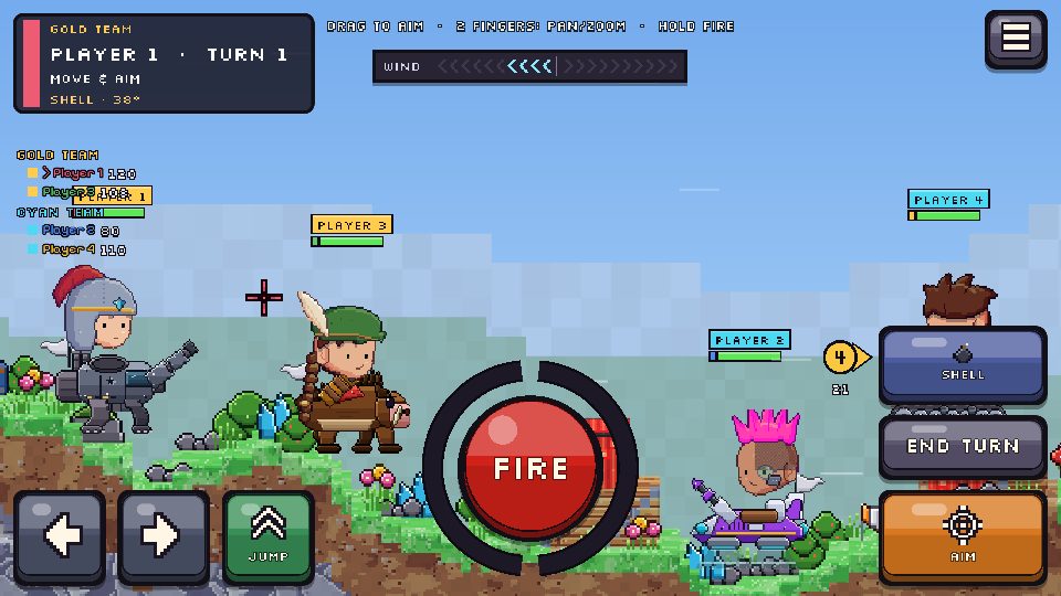 Aiming a shot: the round FIRE button with its two-arc power gauge