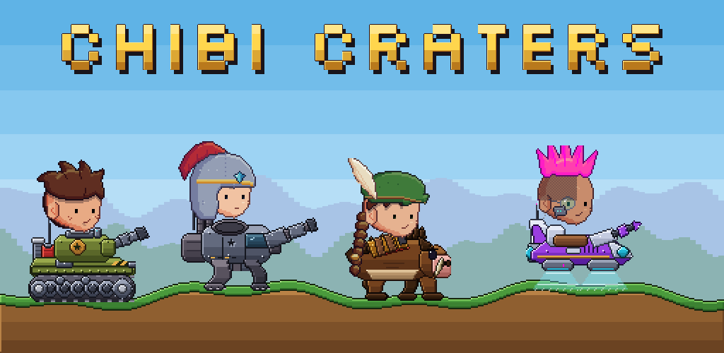 Chibi Craters: four big-headed drivers on their tanks and mounts, lined up on rolling hills under the title