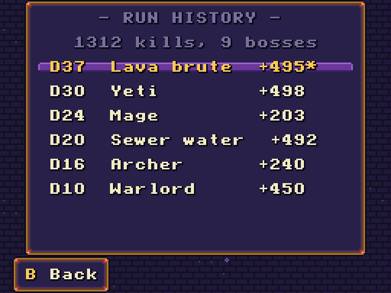 Run history: the last runs with depth, what ended them and gold earned