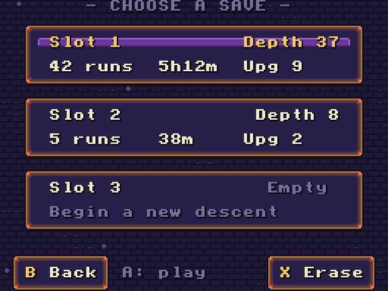 Choose a save: three slots showing depth, runs, time played and upgrades