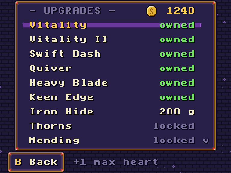 The upgrade shrine on the touch screen: Vitality, Swift Dash, Quiver and more, marked owned, 200 gold or locked