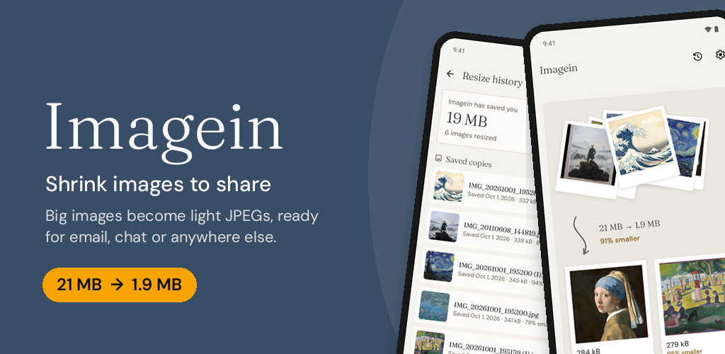 Imagein: a 21 MB photo becomes 1.9 MB, shown on two phones with the app's resize history and review screens