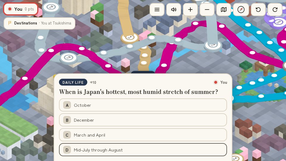 A question card over the board: when Japan's hottest, most humid stretch of summer is, with four answers