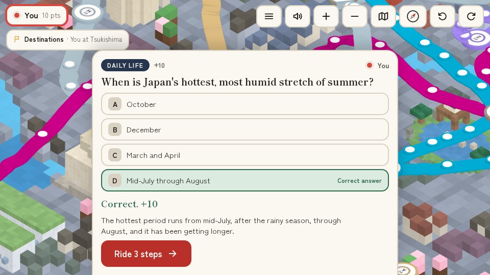 The answer revealed: the right option is marked, with a one-line reason and the points earned