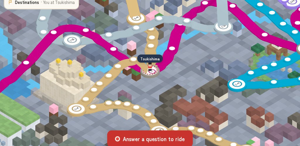 Konbini Quest: a pawn at Tsukishima in a voxel Tokyo, with subway lines drawn as colour-coded ribbons, step discs between round station pads, and voxel landmarks