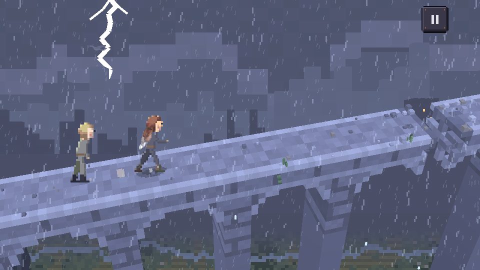 The runner on the wall at night, lit by lightning, with the tower far ahead