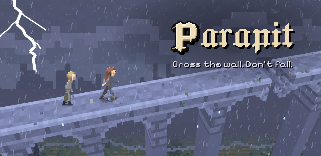 Parapit: a cadet with a long braid runs along a narrow stone wall in driving rain as lightning strikes, with a rival close behind